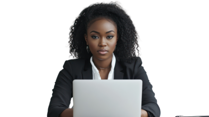 A professional woman sitting at a desk focused on her laptop, exuding confidence and determination in a corporate environment.