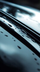 Raindrops on a sleek surface reflecting a hazy atmosphere