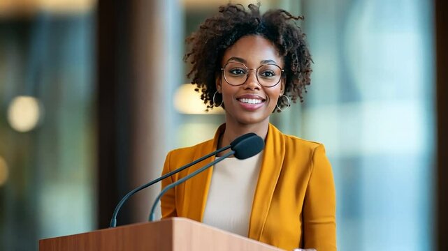 Confident Speaker: An elegant Black woman delivers a speech with poise and confidence, radiating professionalism and approachability. She stands behind a podium.