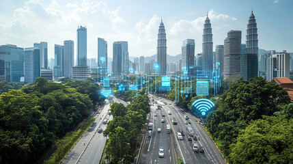 Futuristic cityscape with digital connectivity and urban traffic flows.