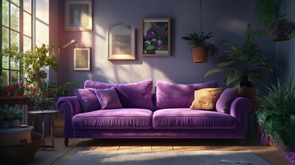 Diseño interior de casa de campo escandinava con sala de estar moderna con sofá de terciopelo morado, luz natural y decoración rústica de buen gusto en un ambiente acogedor.