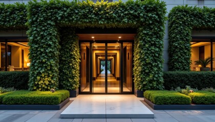 Fototapeta premium Serene Entrance with Lush Greenery Leading to Illuminated Pathway in Modern Architecture