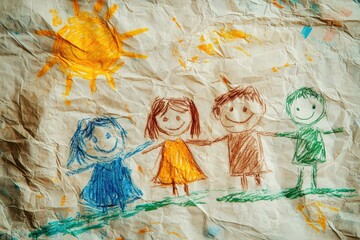 Fototapeta premium Simple crayon drawings of children, holding hands depiction of friendship, on a textured surface.
