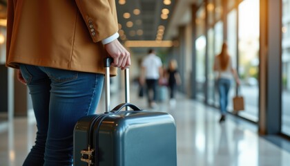 Naklejka premium Person in Blazer Holding Suitcase Walking Through Modern Travel Terminal with Soft Lighting