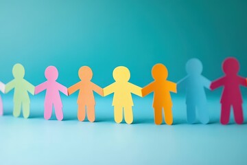 Diversity represented through a spectrum of paper figures, holding hands in a circle.