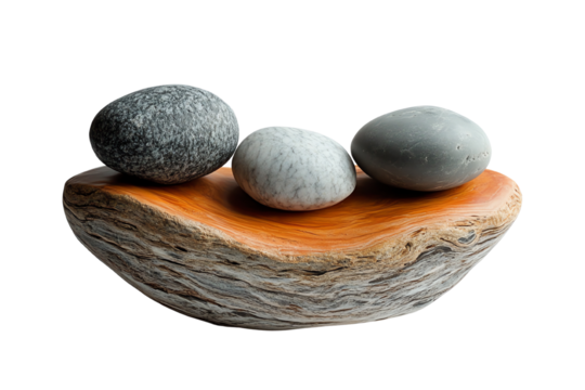 A serene arrangement of smooth stones resting on a wooden base, creating a calming and natural decor element.