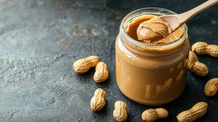 A wooden spoon spreading peanut butter from a jar, with whole peanuts elegantly placed around.