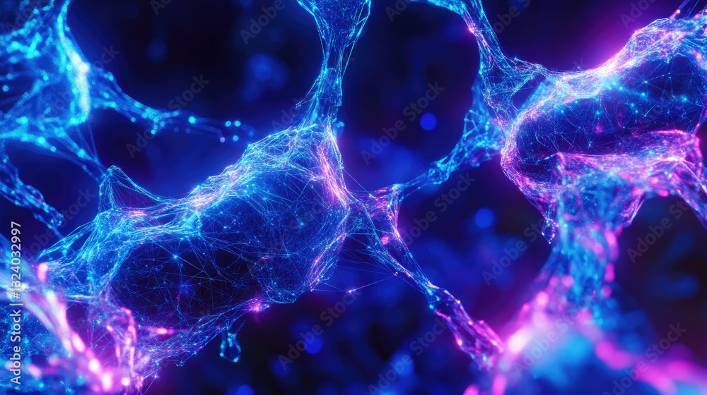 Poster abstract background of a glowing digital web with bright blue and violet nodes interconnected, repre
