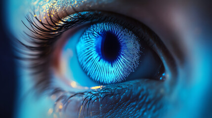 Close-up of a mesmerizing eye with vibrant blue colors and intricate patterns.