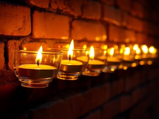 Lit Candles in Glass Votives Arranged Against a Brick Wall