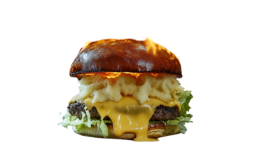 A delicious fresh burger on the table against a black background with copy space.