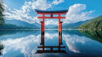 Red torii gate stands in the lake reflecting clouds