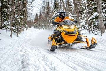 A person riding a snowmobile through a snowy forest trail