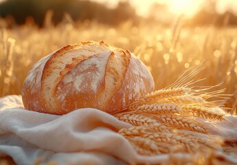 Rustic breads and wheat ears on a tablecloth against a blurred background of a field with sun rays, close-up view. 