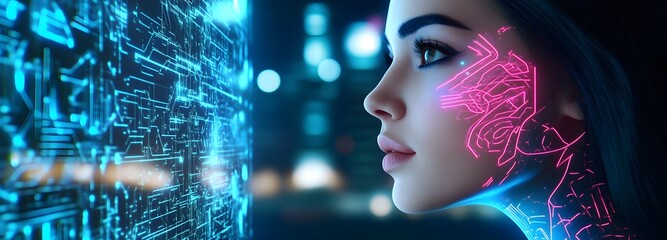 Digital Portrait: A woman's profile is juxtaposed with glowing circuits, illustrating the fusion of technology and humanity, with a focus on advanced innovations and digital connectivity.