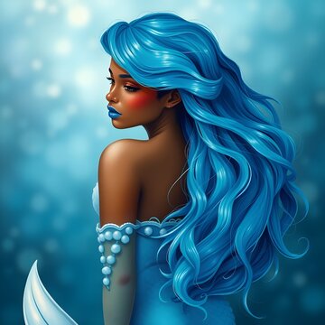 Bonita sirena negra con pelo ondulado y labios azules