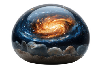 A stunning cosmic galaxy encapsulated in a glass orb, revealing vibrant colors and celestial elements against a dark backdrop.