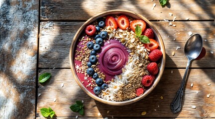 Smoothie Bowl with Fresh Berries, Granola, and Seeds, Healthy and Vibrant