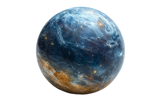 A stunning representation of a distant planet surrounded by swirling clouds and sparkling stars, ideal for science fiction and astronomy themes.