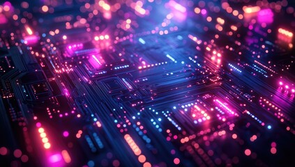 Obraz premium Circuit board shining with blue and purple light