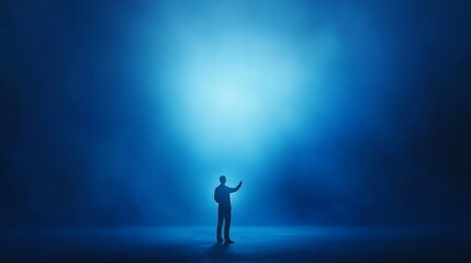 Dramatic illumination man in dark room with ceiling light creating striking contrast and shadow play