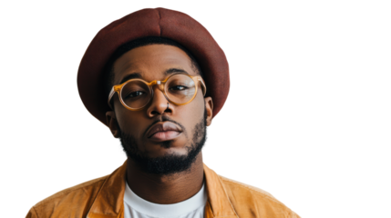 A stylish man with glasses and a hat, looking confidently at the camera against a white background, exuding a sense of personality and individuality.