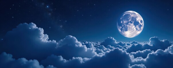 Obraz premium Serene moon bathed in starlight above a sea of clouds, mysterious, galaxy, magical