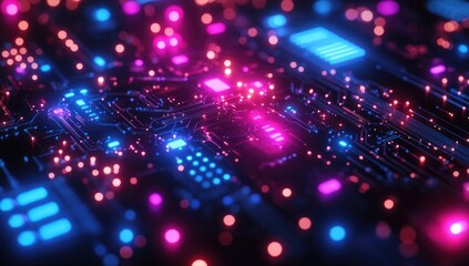 Obraz premium Circuit board shining with blue and purple light