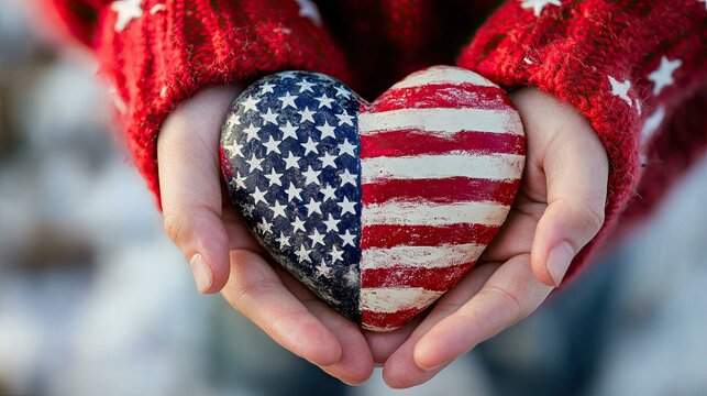 Close-up of delicate hands holding a handcrafted American flag heart, representing American Heart Month and national pride