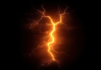 A powerful lightning bolt striking against the dark sky, illuminating in orange and yellow hues, creating an electrifying effect.