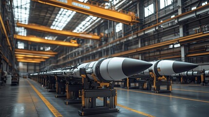Close-up of missiles lined up on racks in a large industrial warehouse, with an overhead crane system in the background for storage and transportation