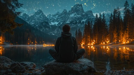 Individual sitting on a rock gazing at a calm lake surrounded by nature's beauty in a transformative experience