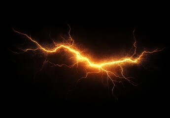 A powerful lightning bolt striking against the dark sky, illuminating in orange and yellow hues, creating an electrifying effect.