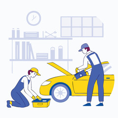Mechanics repairing a car in the garage