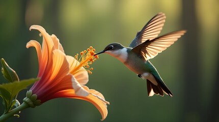Naklejka premium A beautiful hummingbird hovers over a bright flower