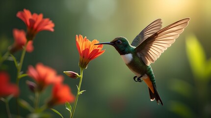 Fototapeta premium A beautiful hummingbird hovers over a bright flower