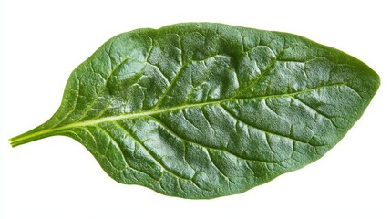Obraz premium A vibrant, verdant spinach leaf, its surface a tapestry of green veins, is isolated against a pristine, transparent backdrop.