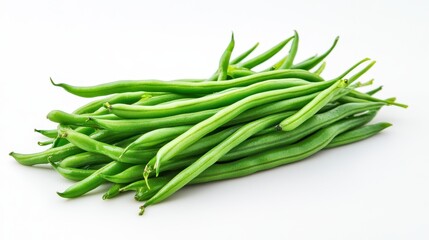 A vibrant bunch of fresh, green beans, plump and glistening, stands proudly against a pristine, transparent backdrop, showcasing their natural beauty and inviting viewers to imagine them nestled