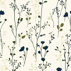 illustration of dainty wildflowers, in green and dark blue with a cream background, minimalistic 