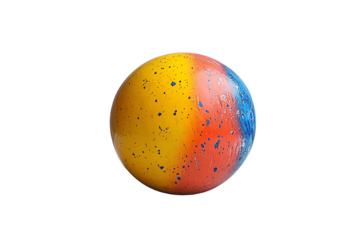 A vibrant, multi-colored ball featuring a unique design showcasing bright yellow, orange, and blue hues, isolated on a white background.