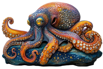 A vibrant, multicolored octopus resting on a rock, showcasing intricate patterns and details under a clear, isolated background.