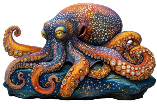 A vibrant, multicolored octopus resting on a rock, showcasing intricate patterns and details under a clear, isolated background.