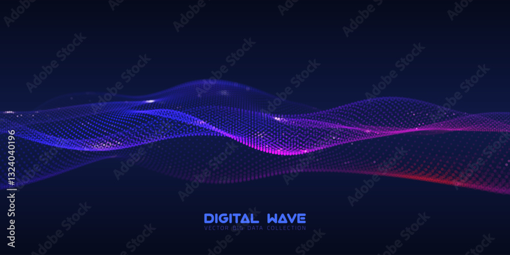 Poster abstract digital audio wave of particles with bokeh. futuristic ai technology. cyber data flow vecto