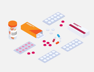 isometric medical pill tablet container plastic bottle drug capsules pharmaceutical care treatment 3d flat illustration pharmacy medication