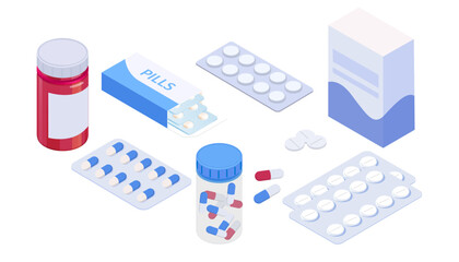 isometric medical pill tablet container plastic bottle drug capsules pharmaceutical care treatment 3d flat illustration pharmacy medication