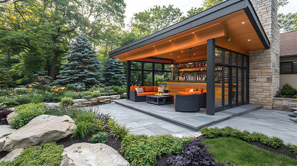 Modern outdoor bar area with seating