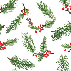 Chritmas pine needles and berries pattern, kawaii style, white background, 