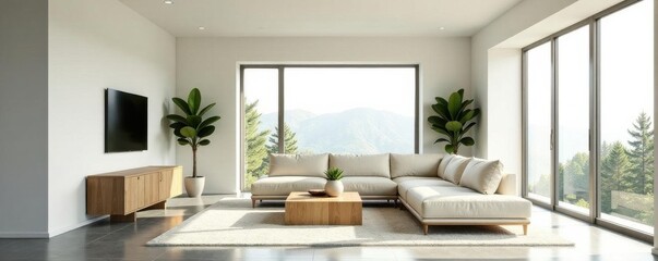 Beige furniture, white walls, concrete floor, panoramic windows , sofa, armchair, modern