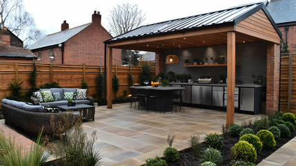 Modern outdoor kitchen in a landscaped garden