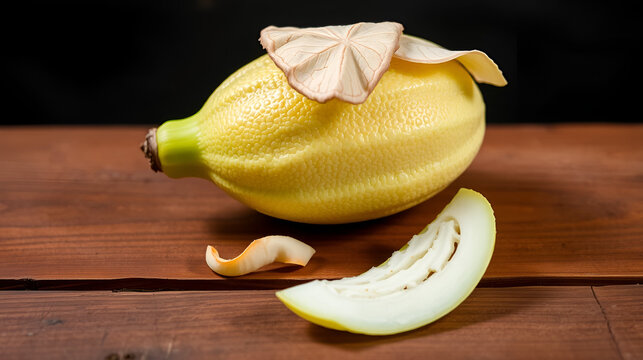 close up shot of raw Galka or sponge gourd on a brown colored wooden surface. Along with some of its peeled skin on top of it.